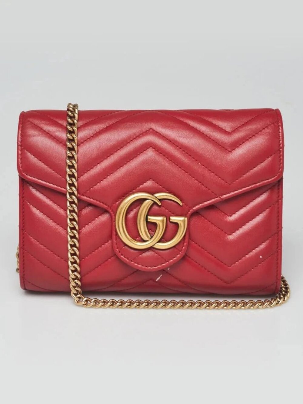 Gucci Red Quilted Leather GG Marmont 2.0 Chain Wallet Clutch Bag